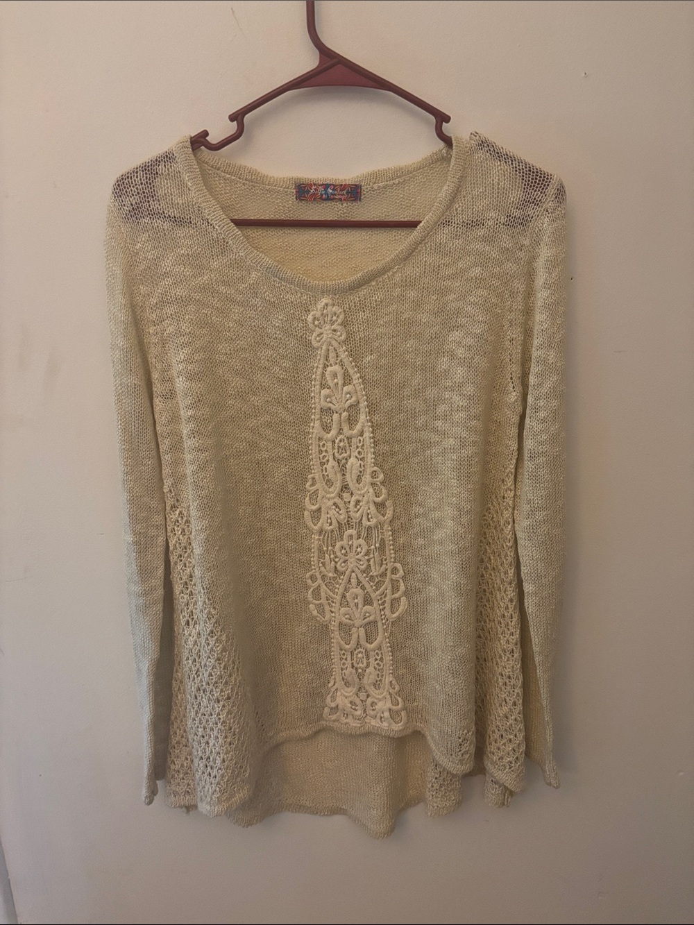 Selfie Couture By Trendology Boho Crochet Lace Panel Top Sheer Cream Sz M